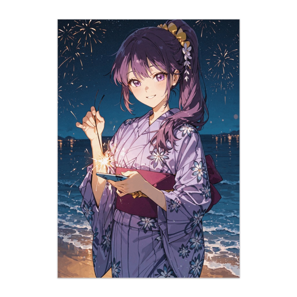 花火大会の浴衣美少女ポスター（紫浴衣）