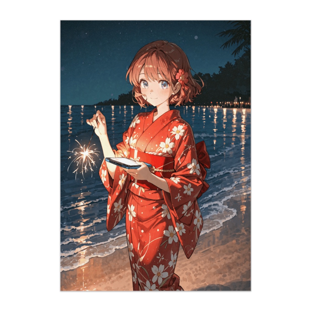 夏祭りの手持ち花火ポスター（赤浴衣）