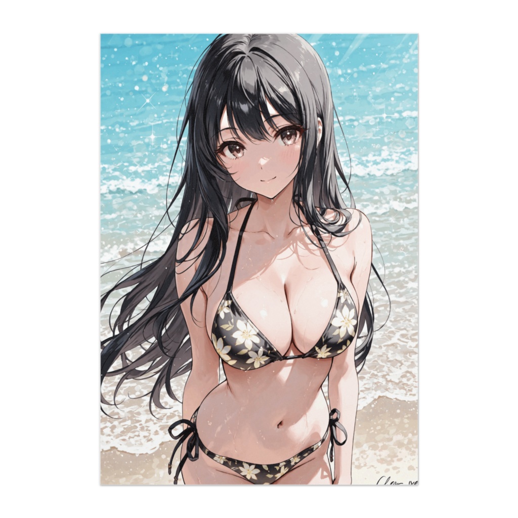 黒髪ロング美女の花柄ビキニポスター