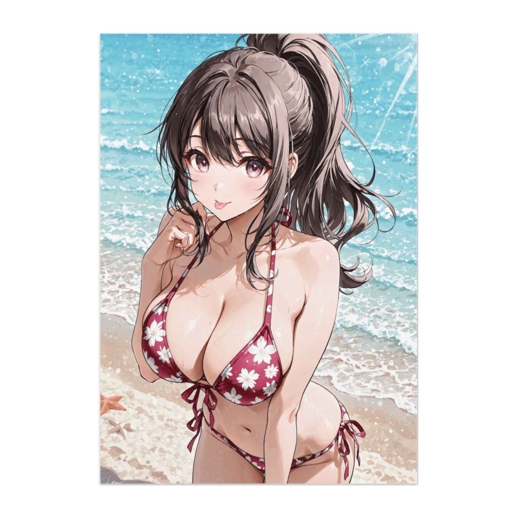 ポニーテール美女の花柄ビキニポスター