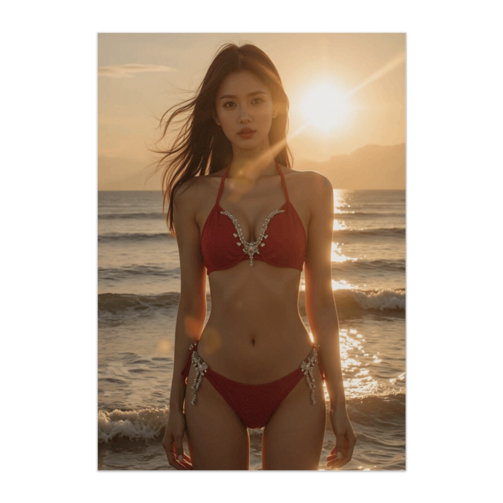 夕陽に輝く赤いビキニのエレガント美女ポスター