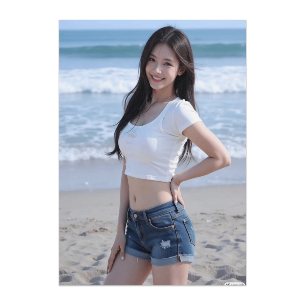 海辺で微笑む白Tシャツ美女ポスター
