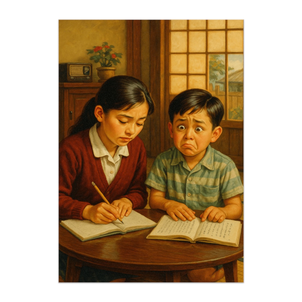 昭和レトロな勉強風景 – 姉と弟の学びポスター  