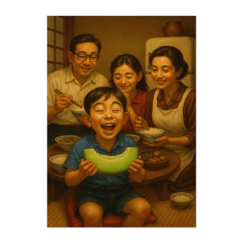 昭和レトロなごちそう – メロンに喜ぶ家族ポスター  