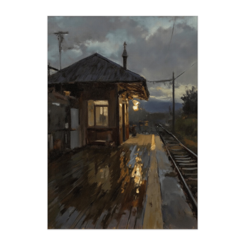 雨上がりの駅舎と線路（油彩風ポスター）