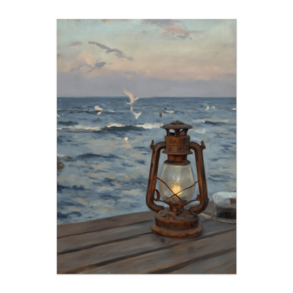 海辺のランタンと夕暮れ（油彩風ポスター）