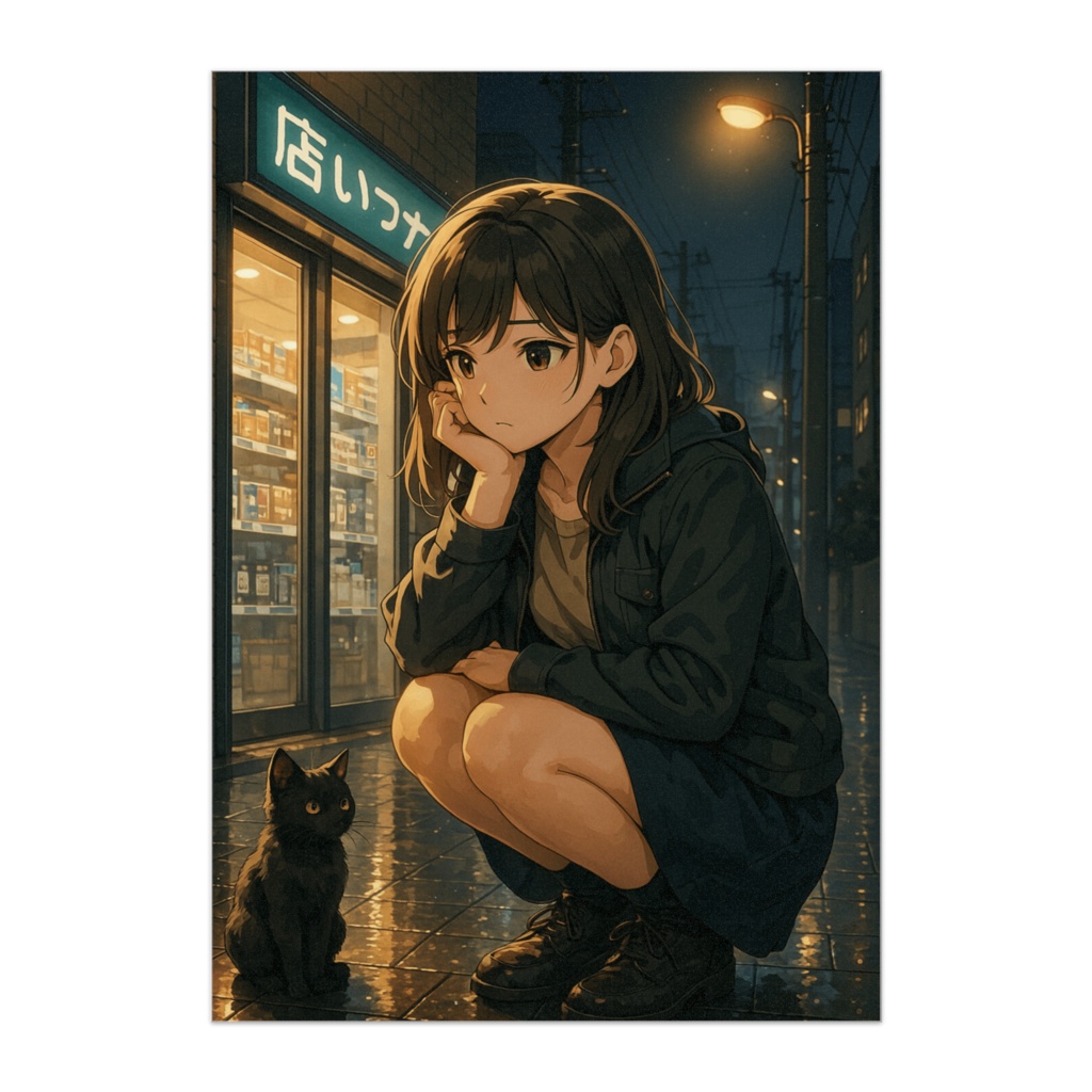 雨の街角で出会った黒猫