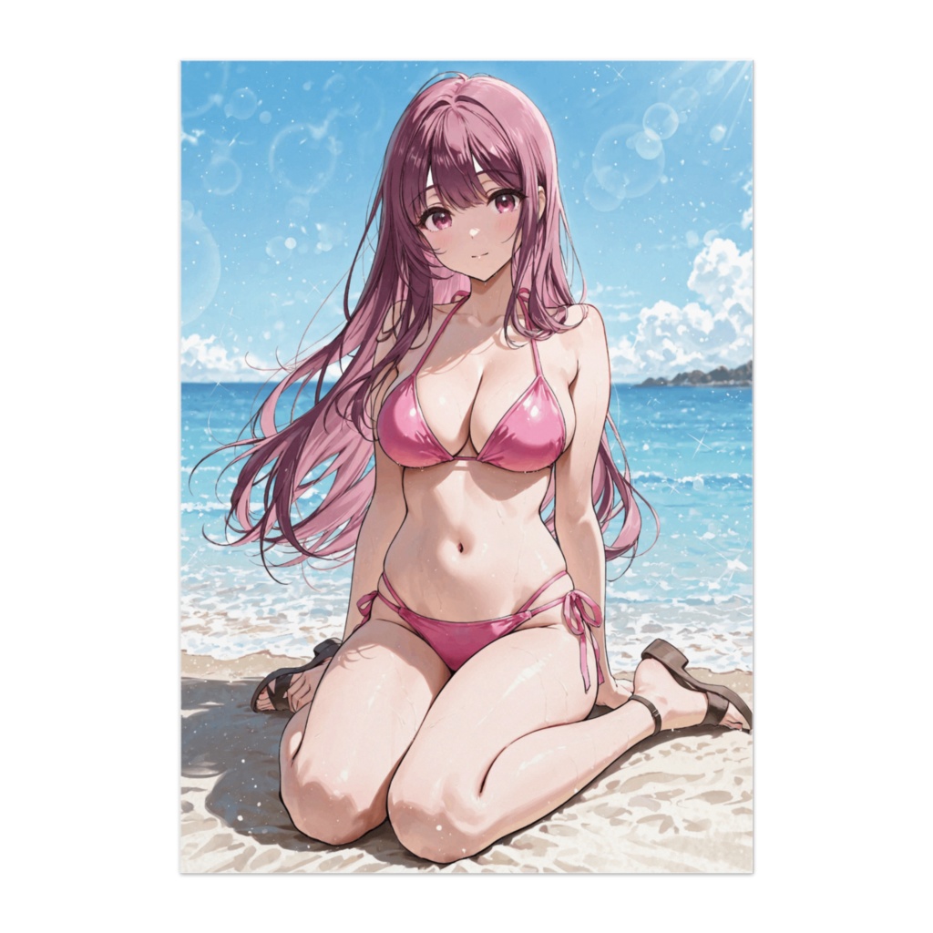 夏の浜辺で輝くピンクビキニの美女