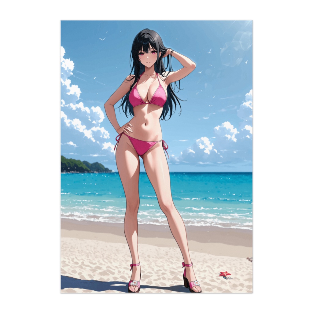 ピンクビキニと黒髪美女の夏ビーチポスター  