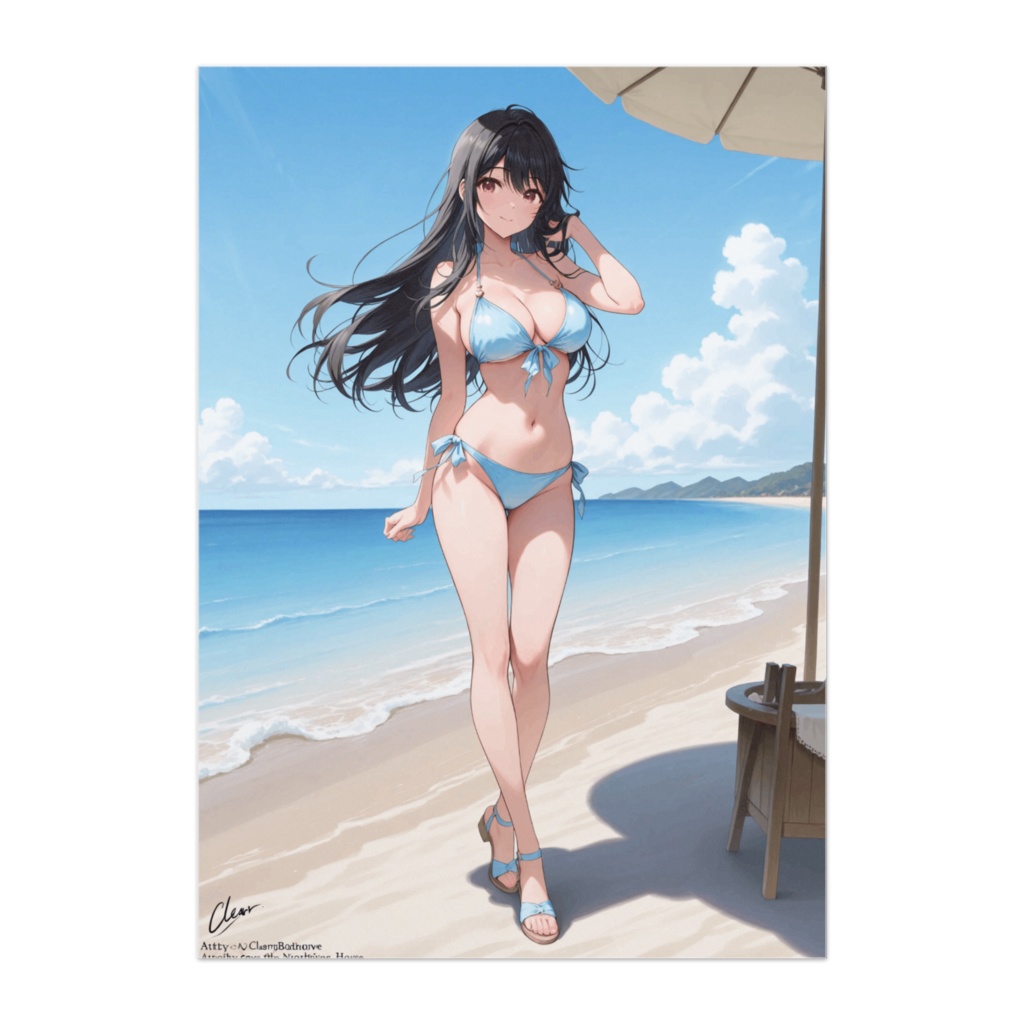 青ビキニと黒髪美女の夏ビーチポスター