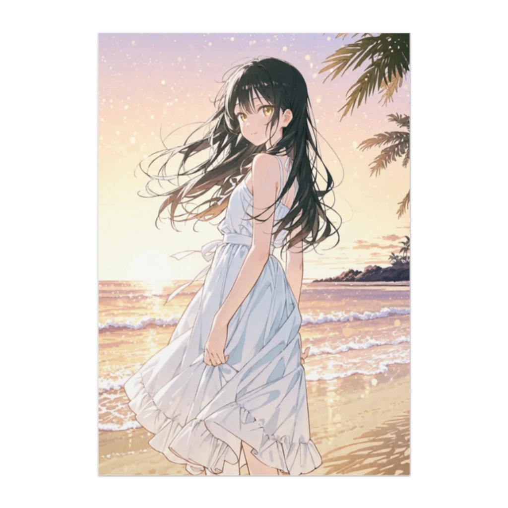 夕暮れ浜辺の白ワンピ少女