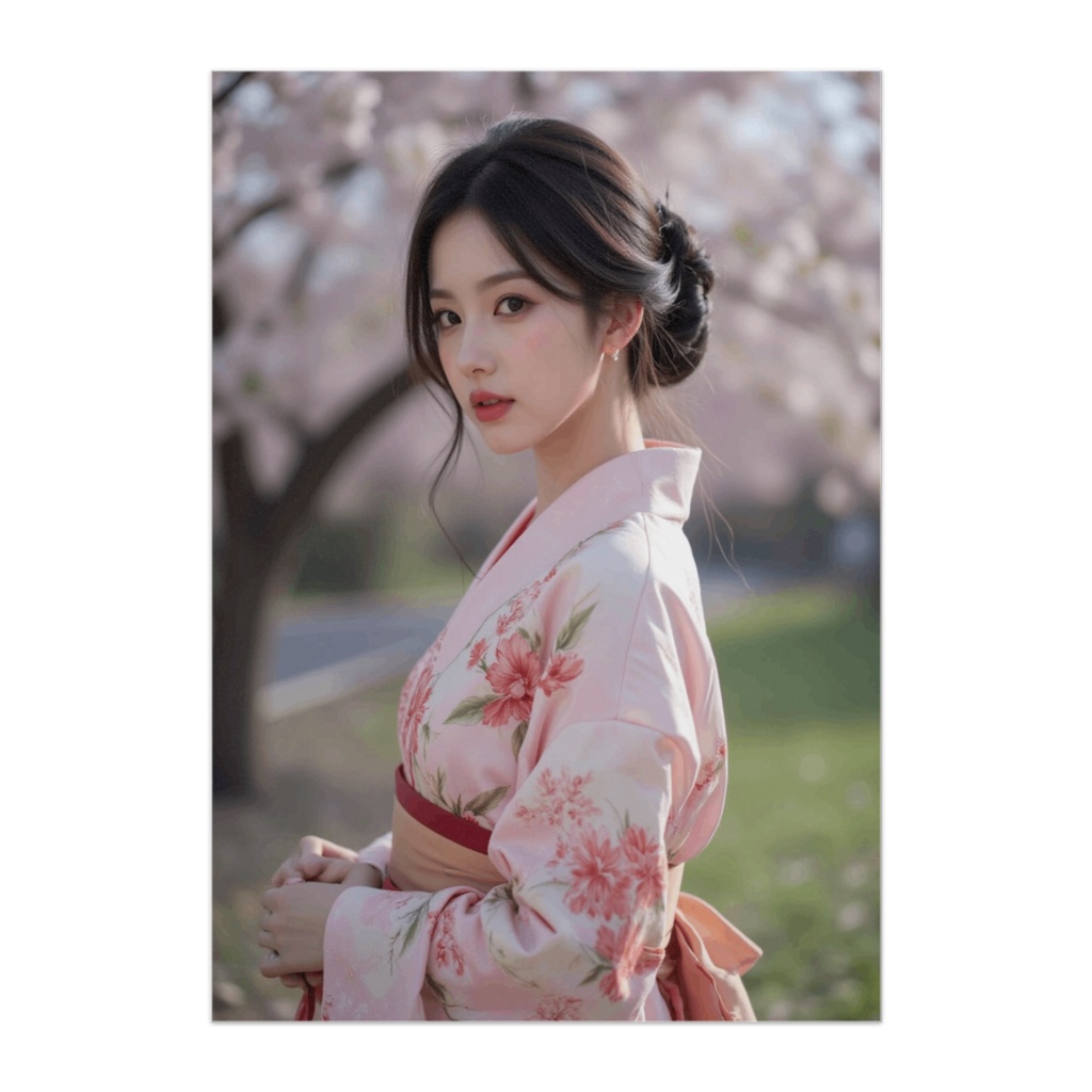 桜舞う春の和装美女