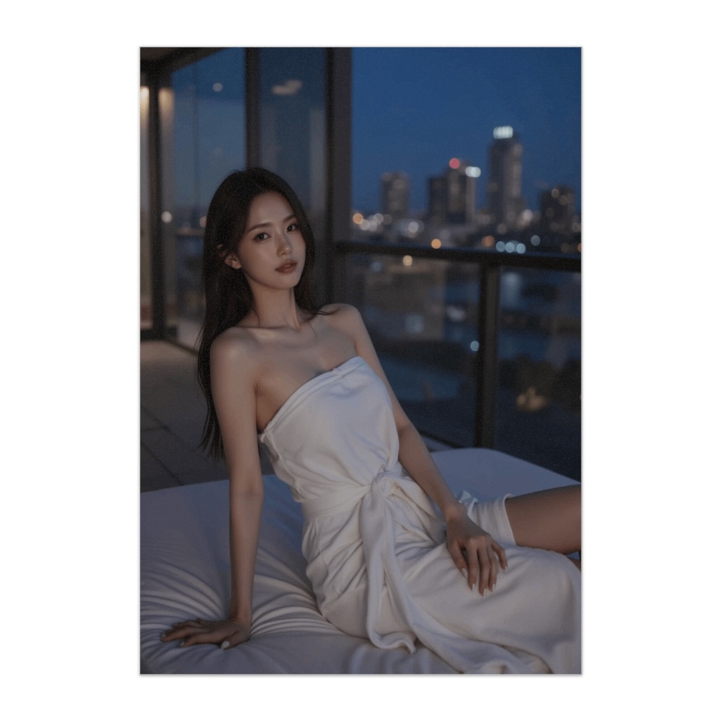 夜景に映えるタオル姿の美女