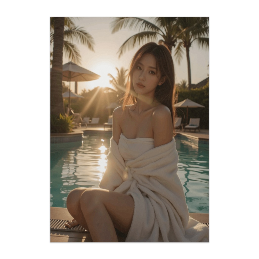 夕暮れプールサイドのタオル美女