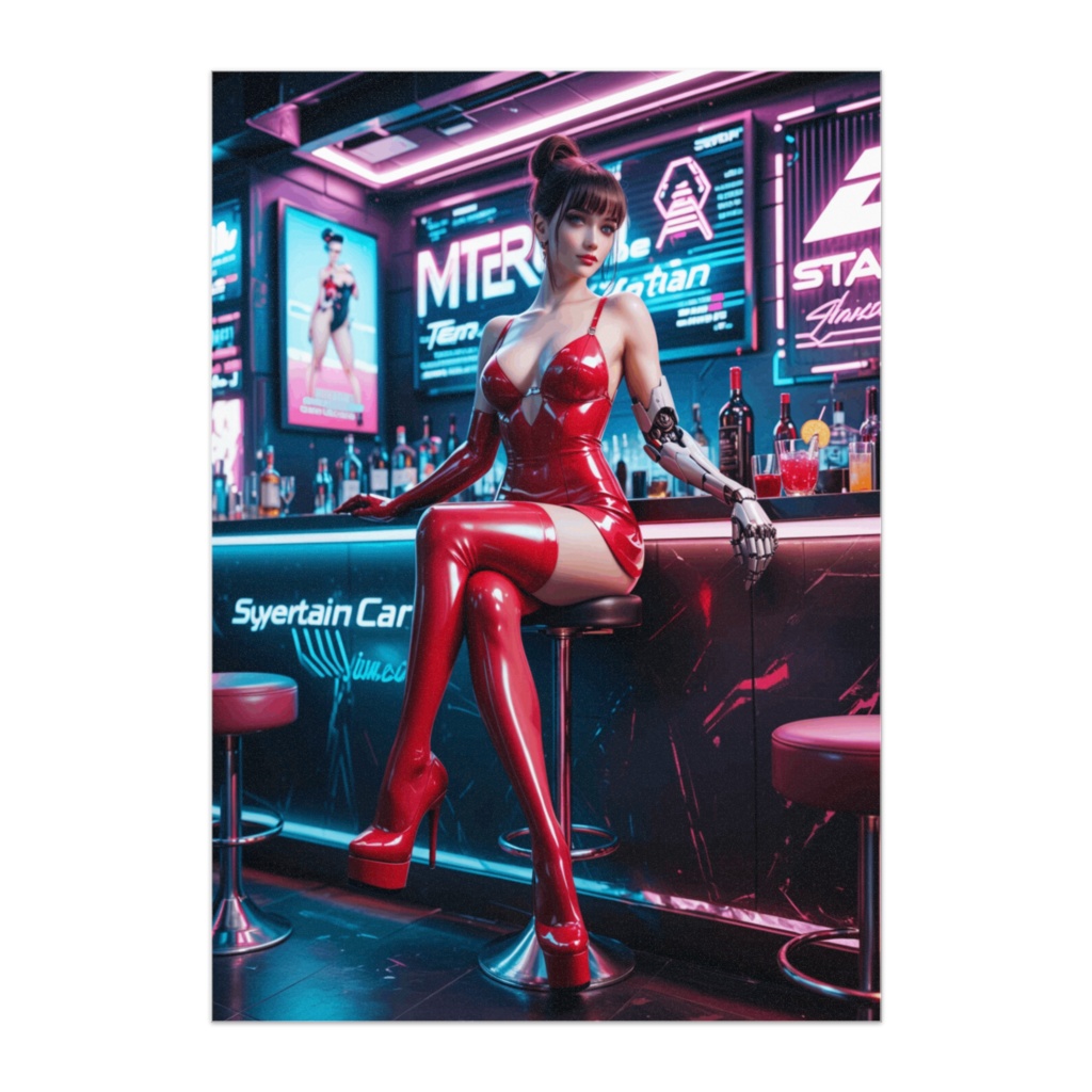 バーに佇む赤いサイバー美女  