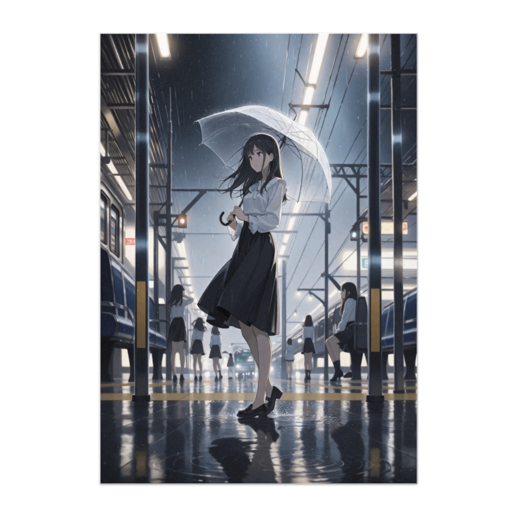 雨のホームで待つ少女