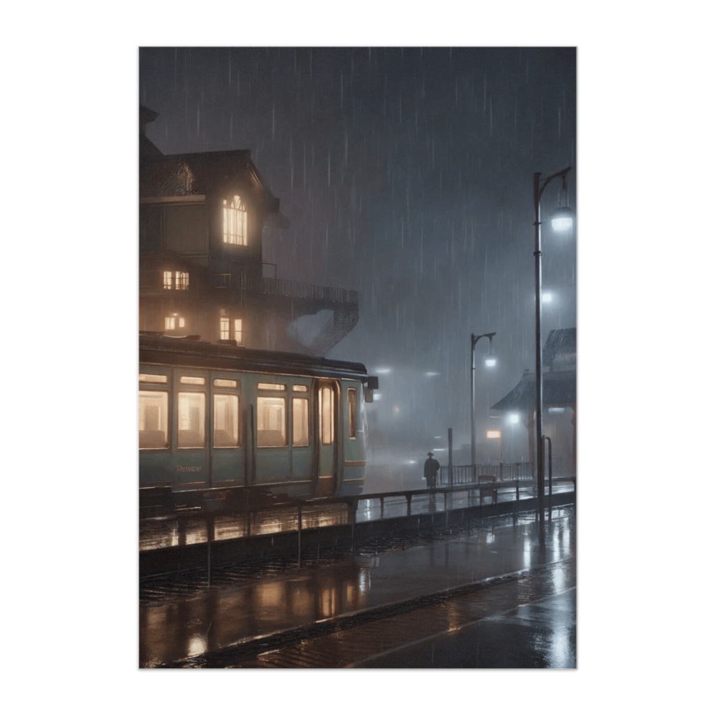 雨のホームで
