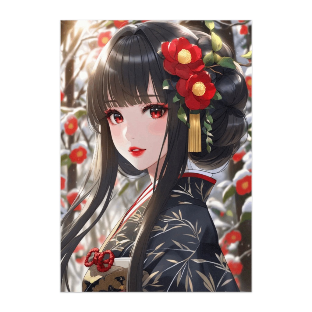雪の椿に微笑む