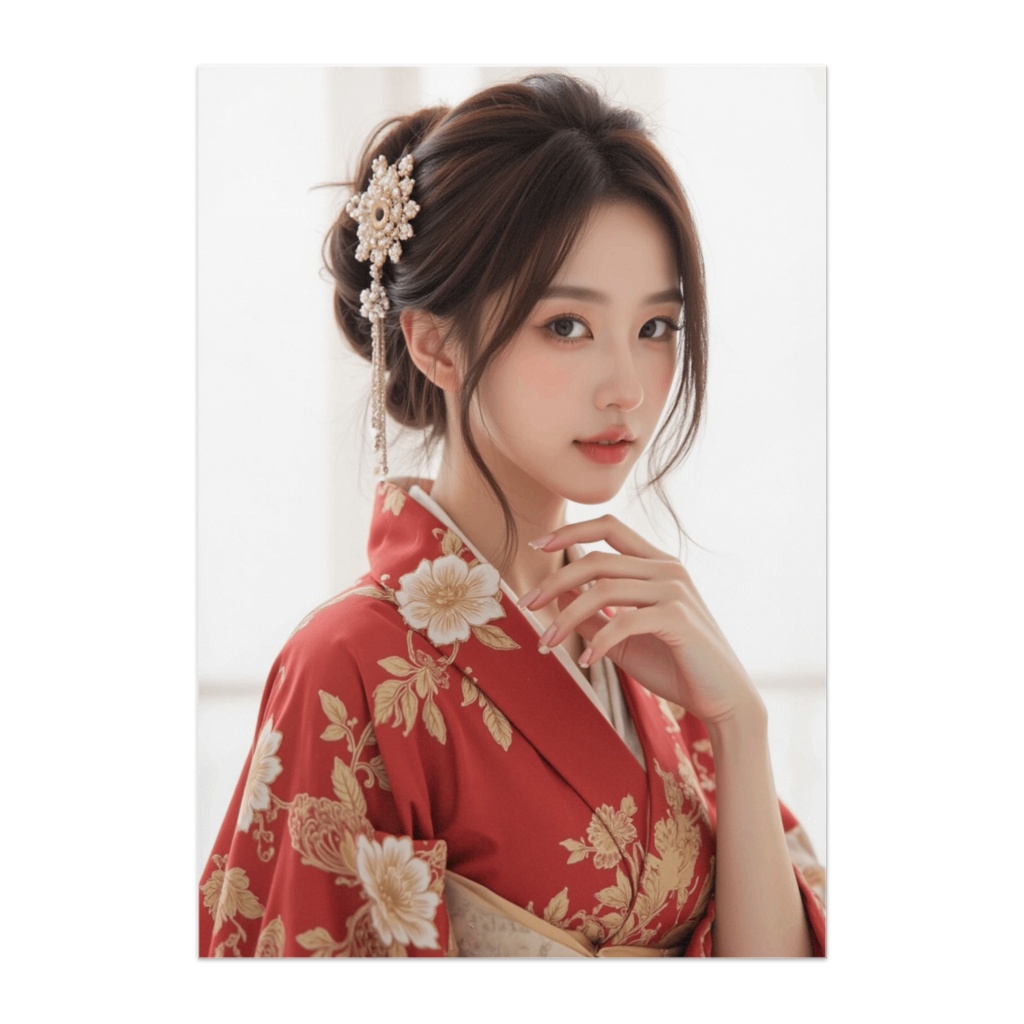 赤花の晴れ着美人