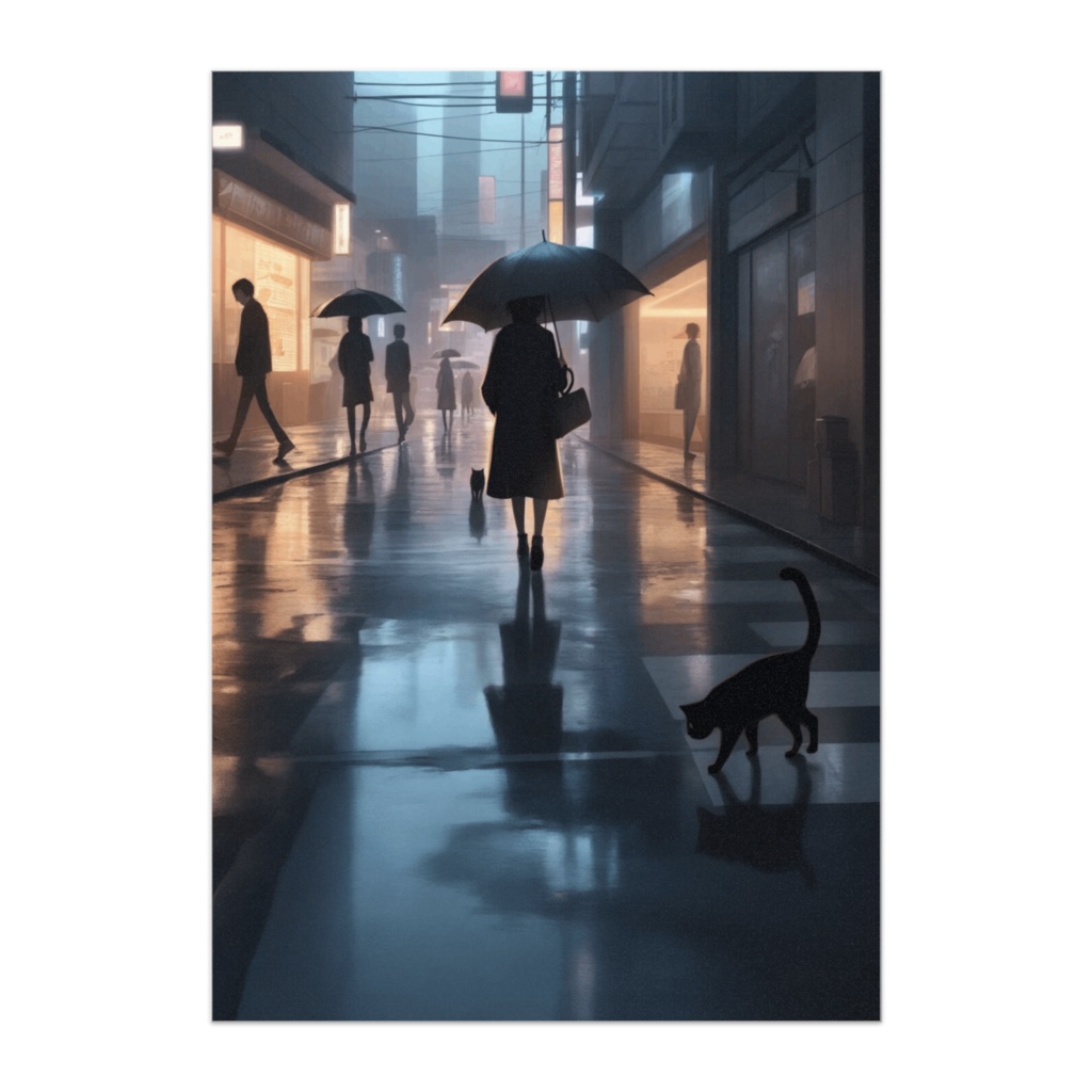 雨の街を歩く黒猫