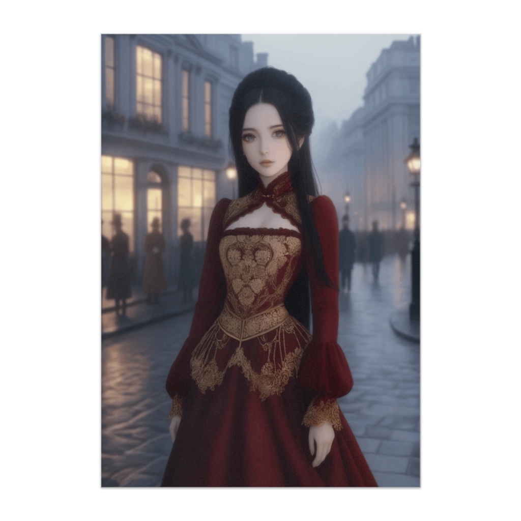 霧のロンドンと紅のビクトリア朝ドレス