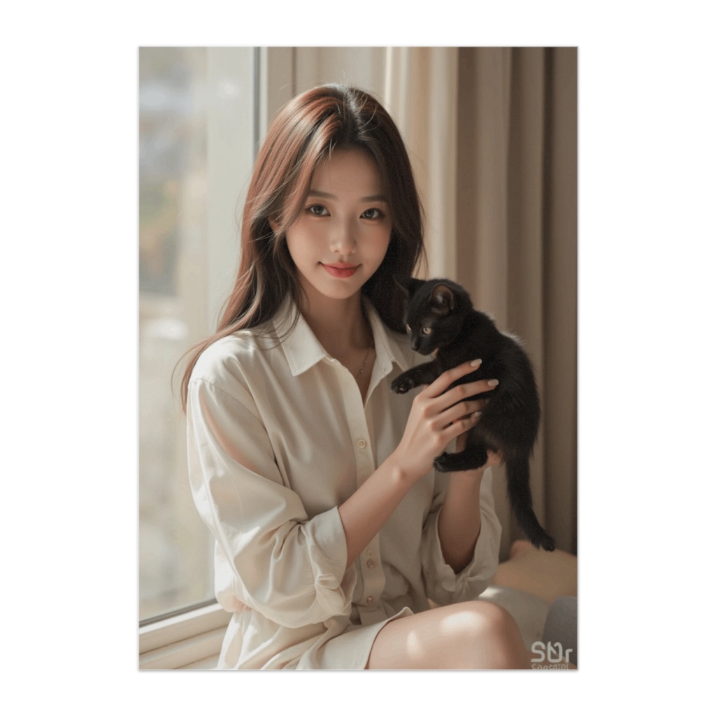 朝の窓辺で微笑む彼女と黒猫