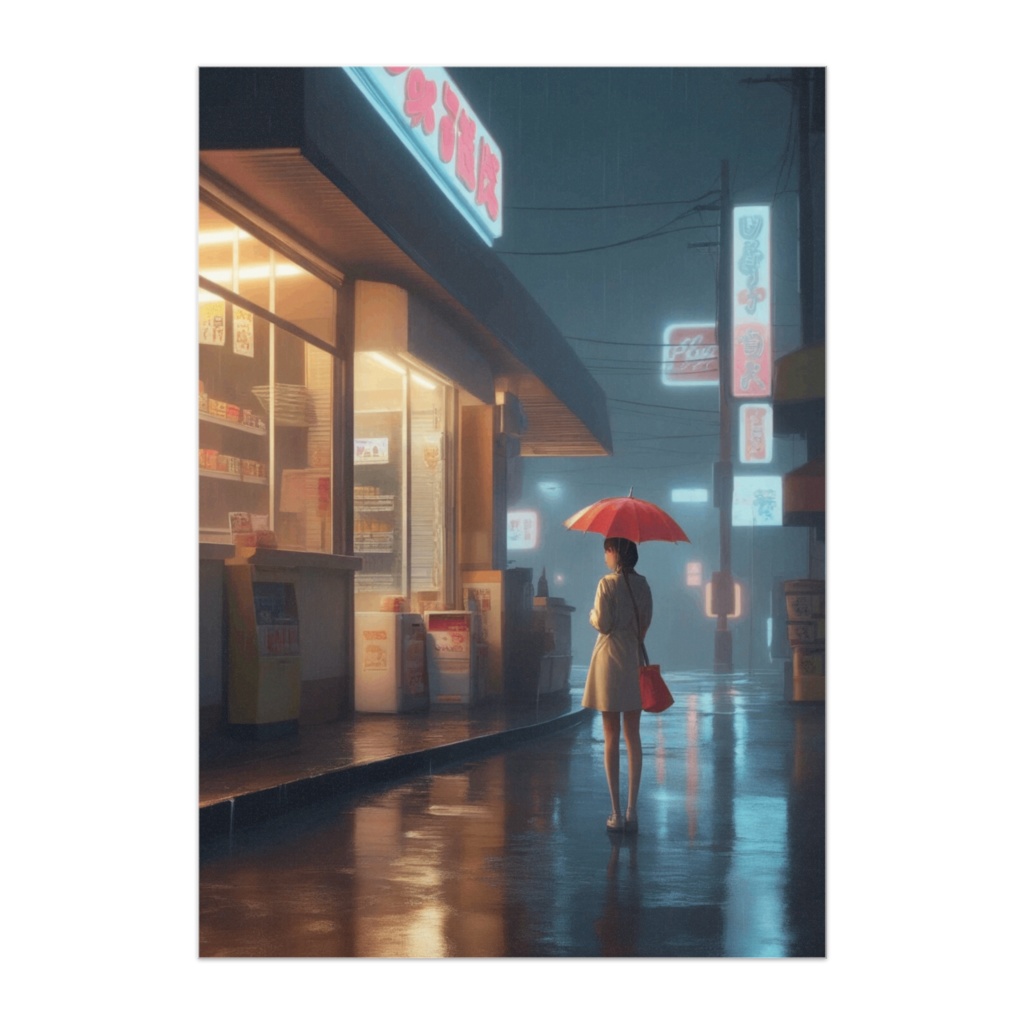 赤い傘の帰り道 ― 雨の商店街で