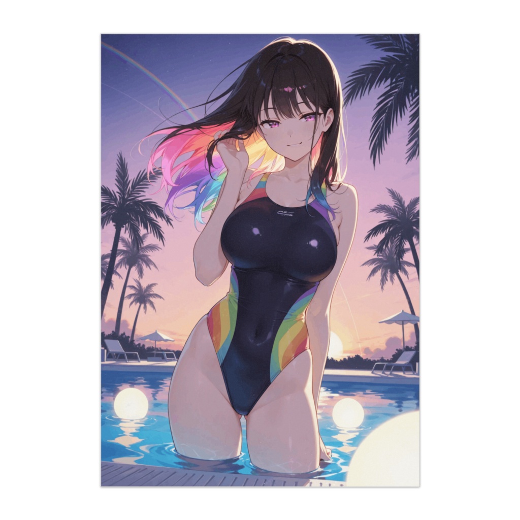 Rainbow Pool Glow ― レインボー水着の夕景グラデ