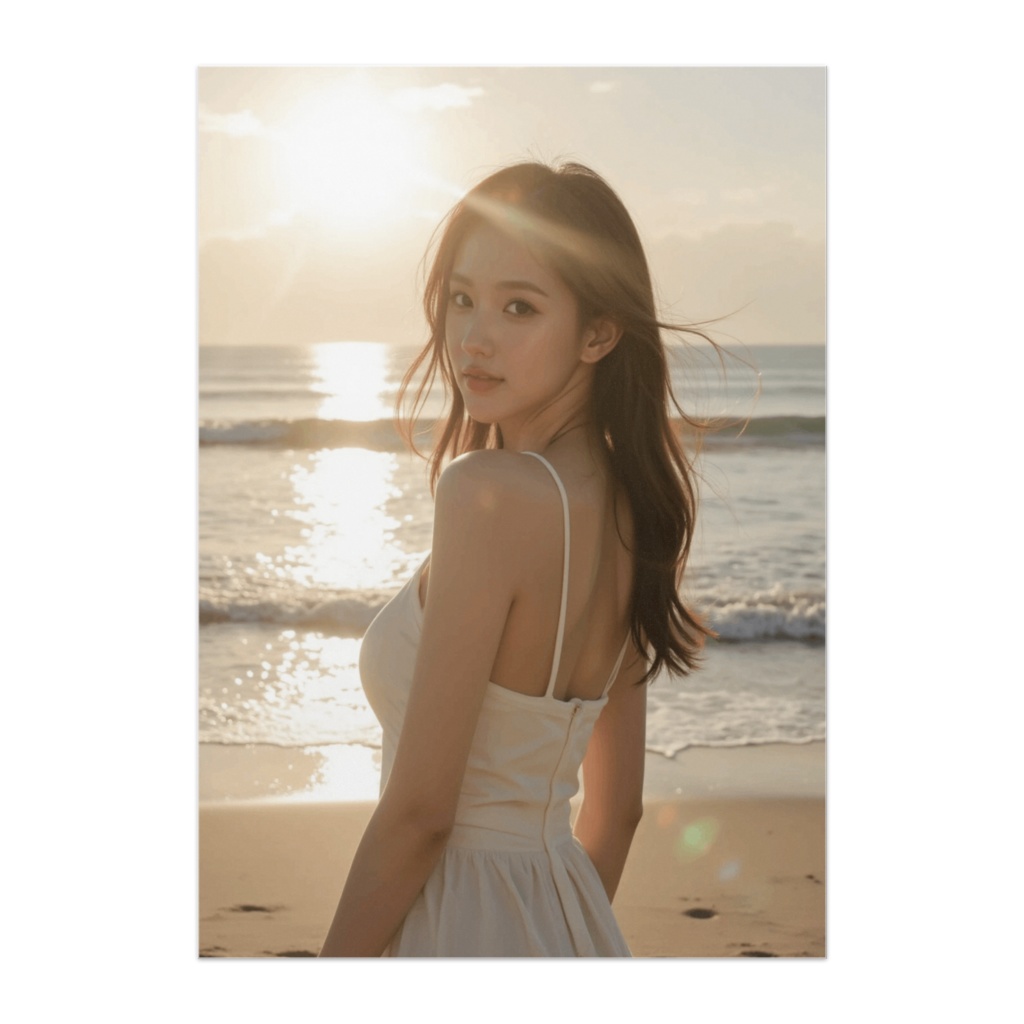 夕陽に微笑む白ドレスの彼女（ビーチ・夕景アート風）