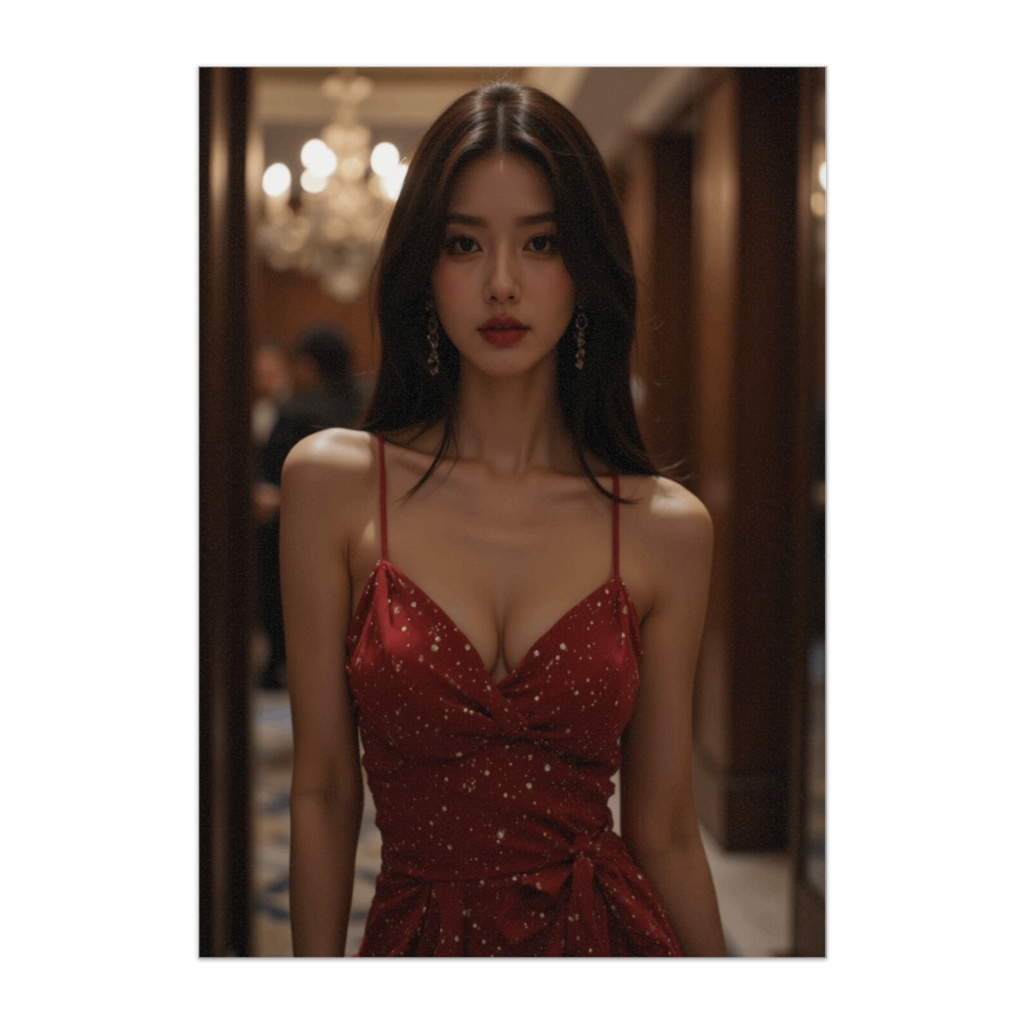 赤いドレスの煌めき（ホテルロビー・夜のエレガンス）