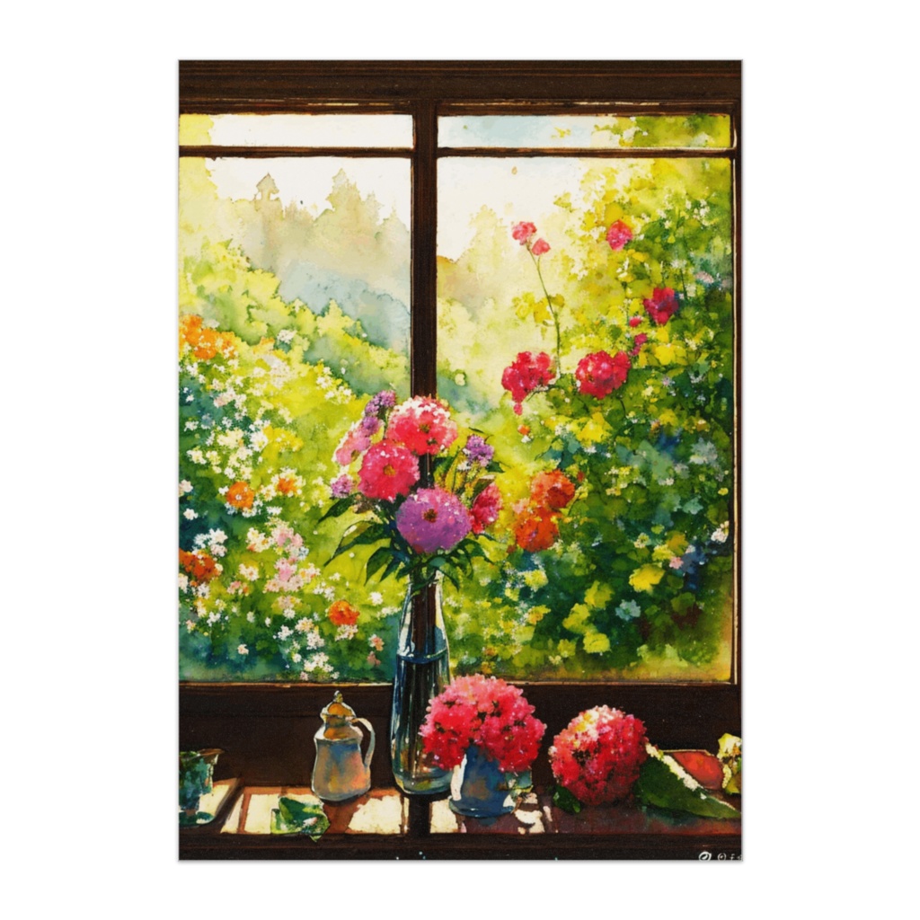 窓辺に咲く朝の花々 ― 水彩油絵風フラワーアート