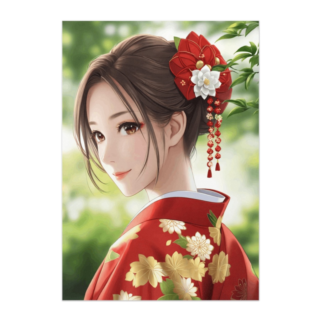 春風に微笑む赤い着物の少女
