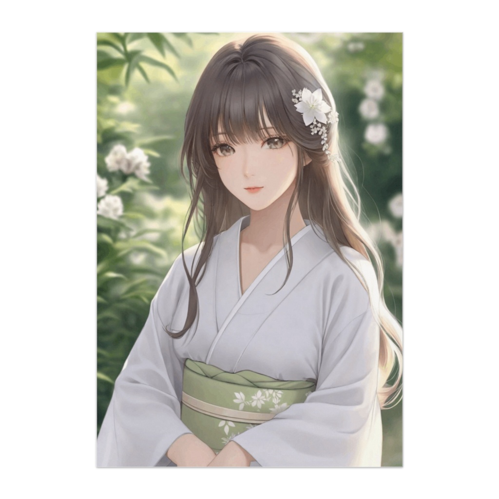 若葉に揺れる白い着物の少女