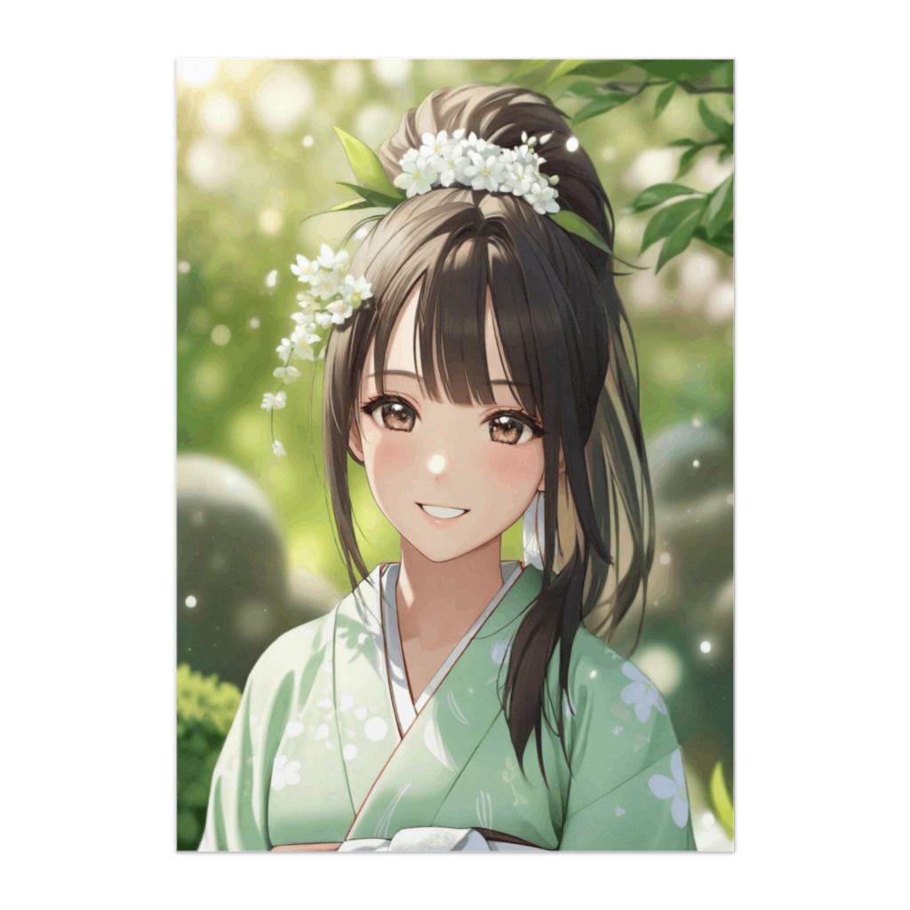 新緑に微笑む若草色の着物少女