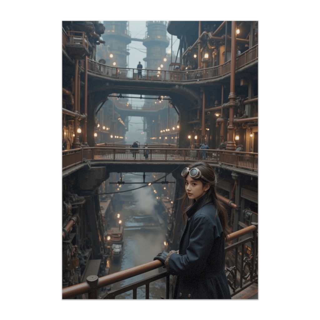 蒸気都市を見下ろすゴーグル少女 ― スチームパンクの街路