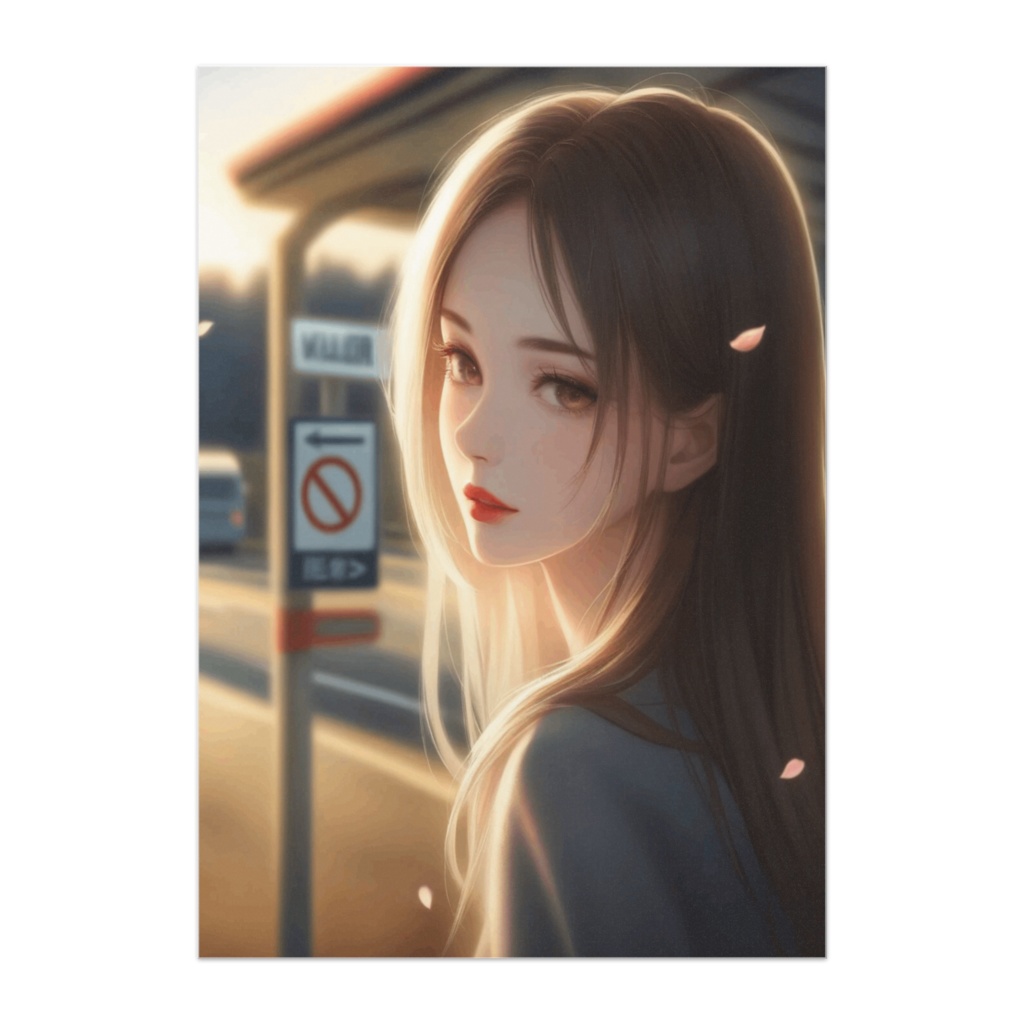 夕暮れのバス停で振り返る少女