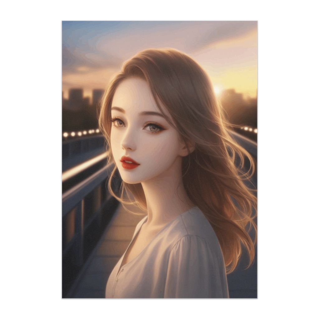 夕暮れの橋で風に揺れる少女