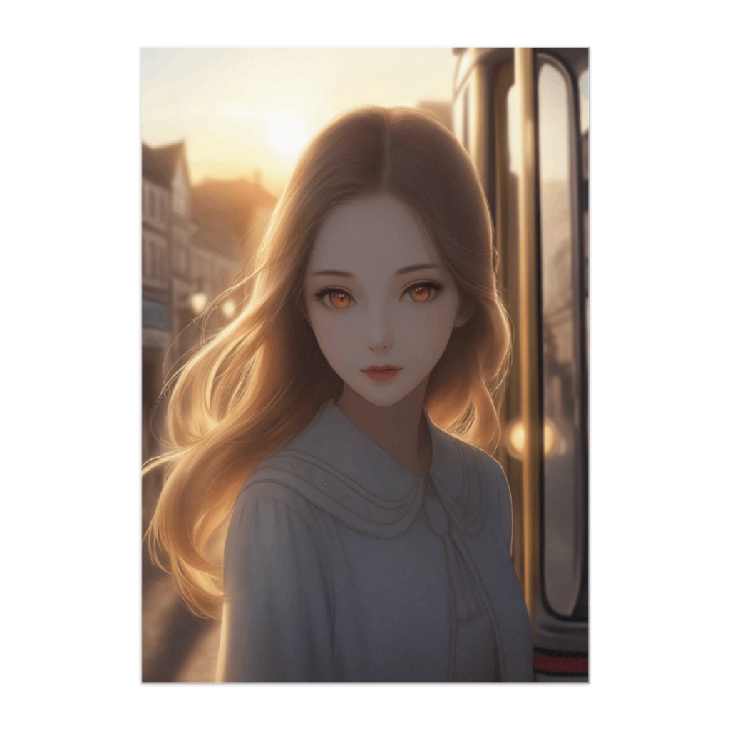 夕陽のトラム街で微笑む少女