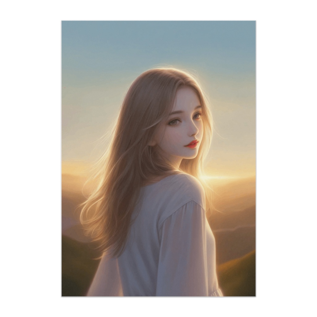 山の夕景に染まる少女