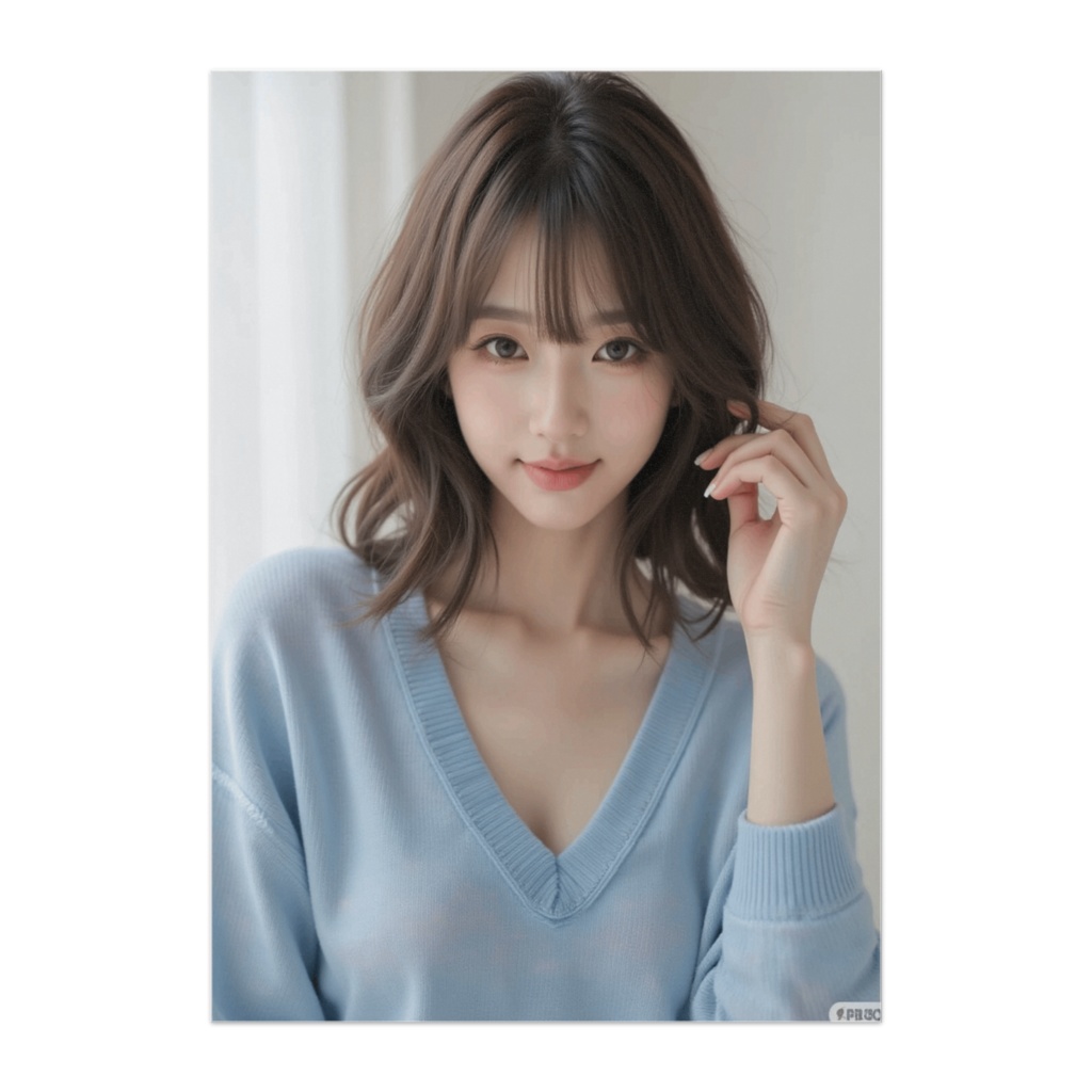 青ニットの優しい午後ポートレート