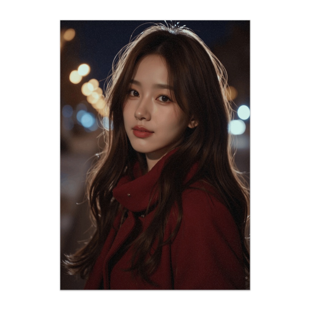 冬の赤コートと街灯の輝き