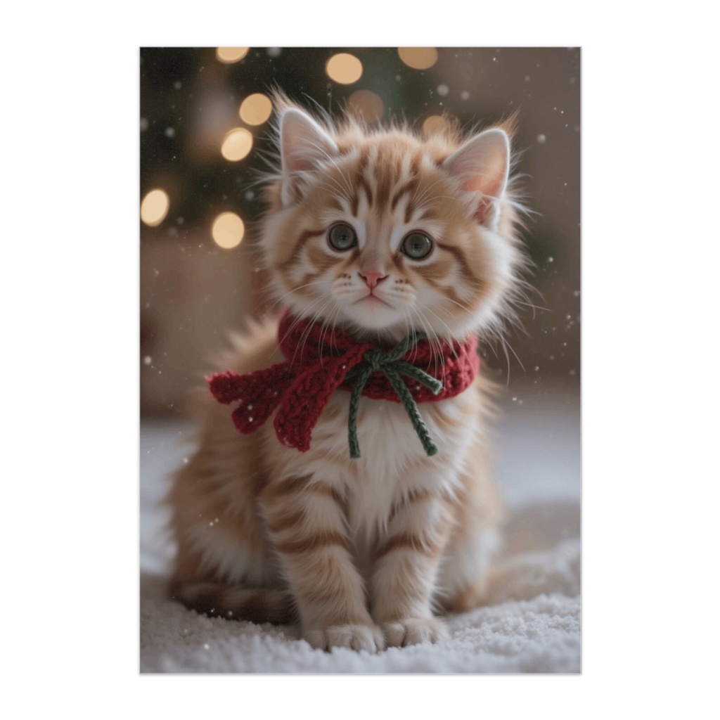 クリスマスの赤いリボンと茶トラ子猫