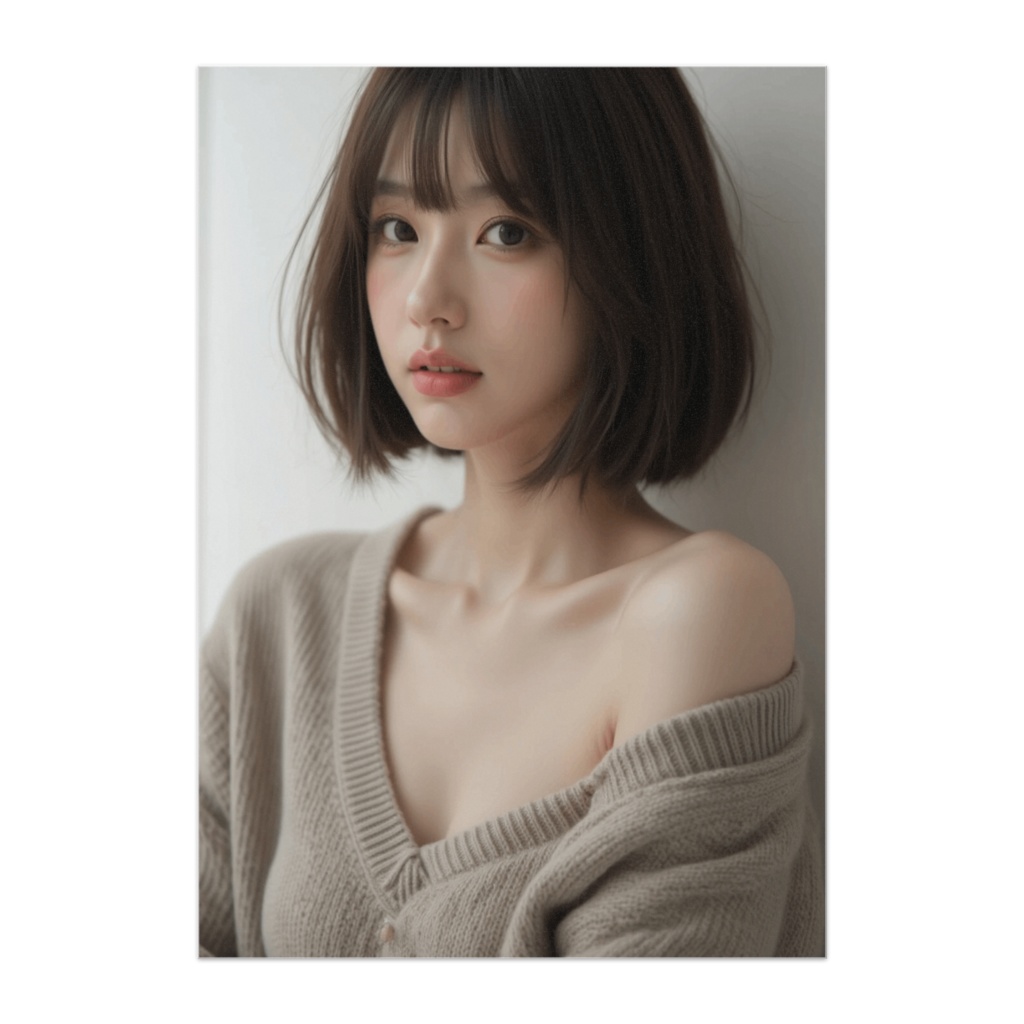 くすみベージュに溶け込むショートボブの彼女（リアルポートレート）