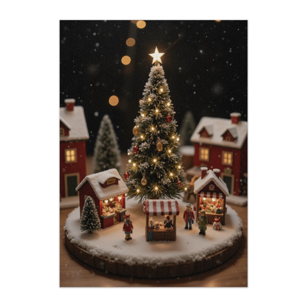 雪のクリスマスマーケットと光のツリー