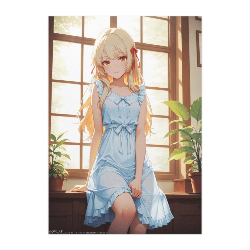 優しい光と水色ワンピースの少女(アニメイラスト風)