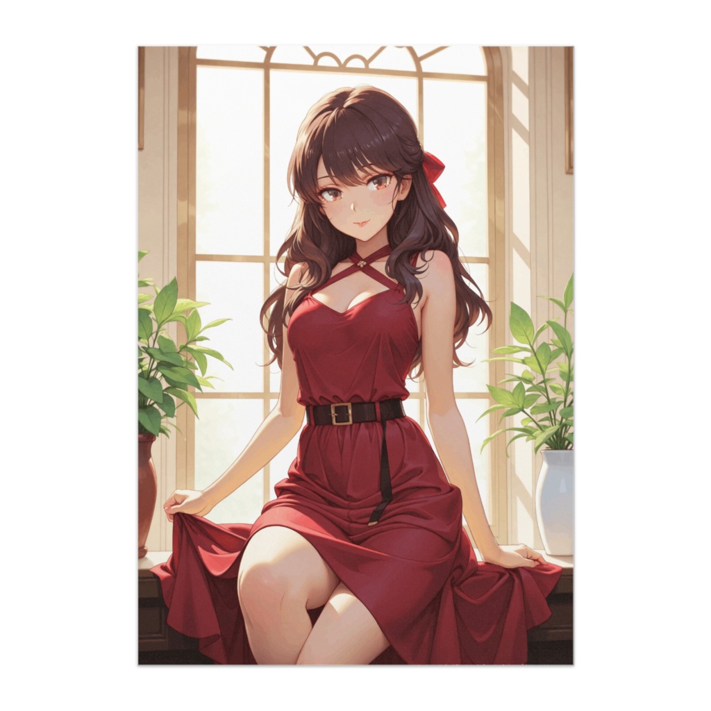 窓辺のワインレッドドレスの少女（アニメイラスト風）