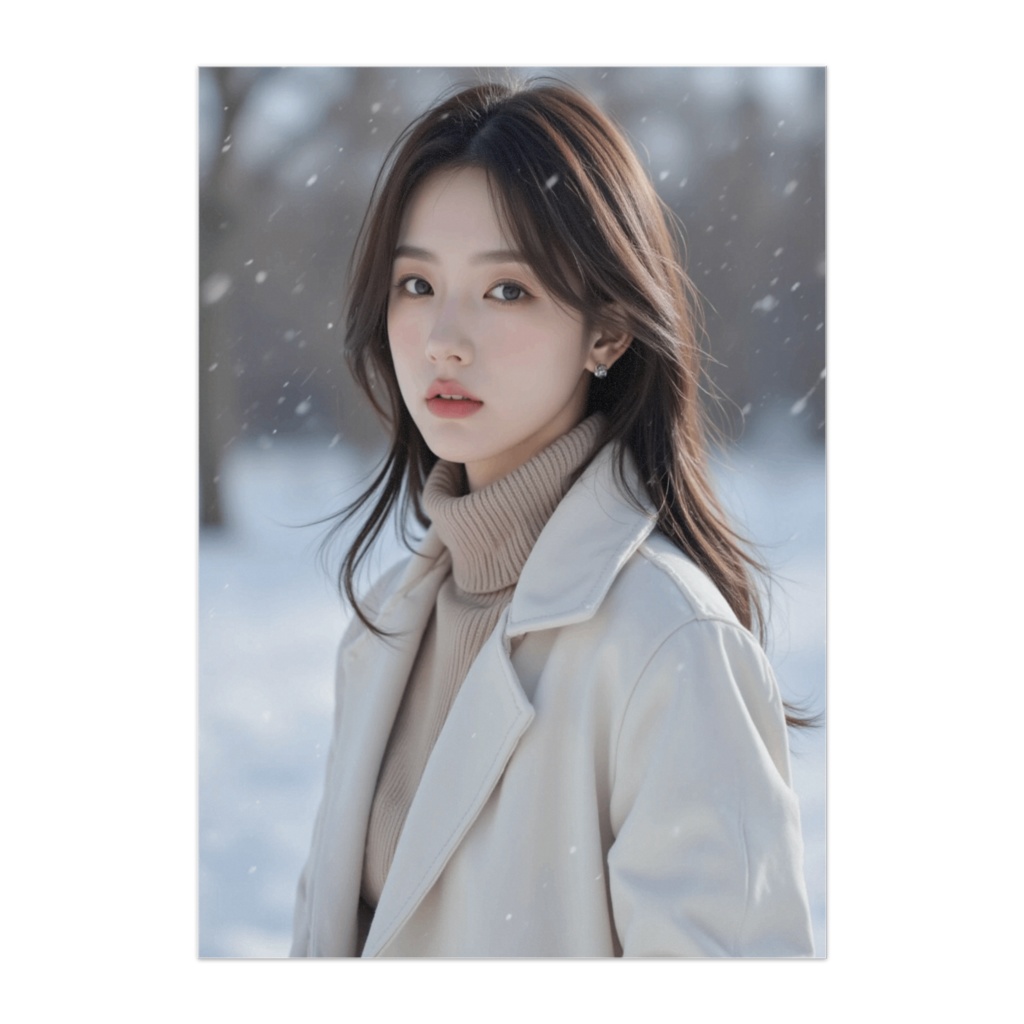 雪の中で振り向く冬の美女(フォトリアル風ポートレート)