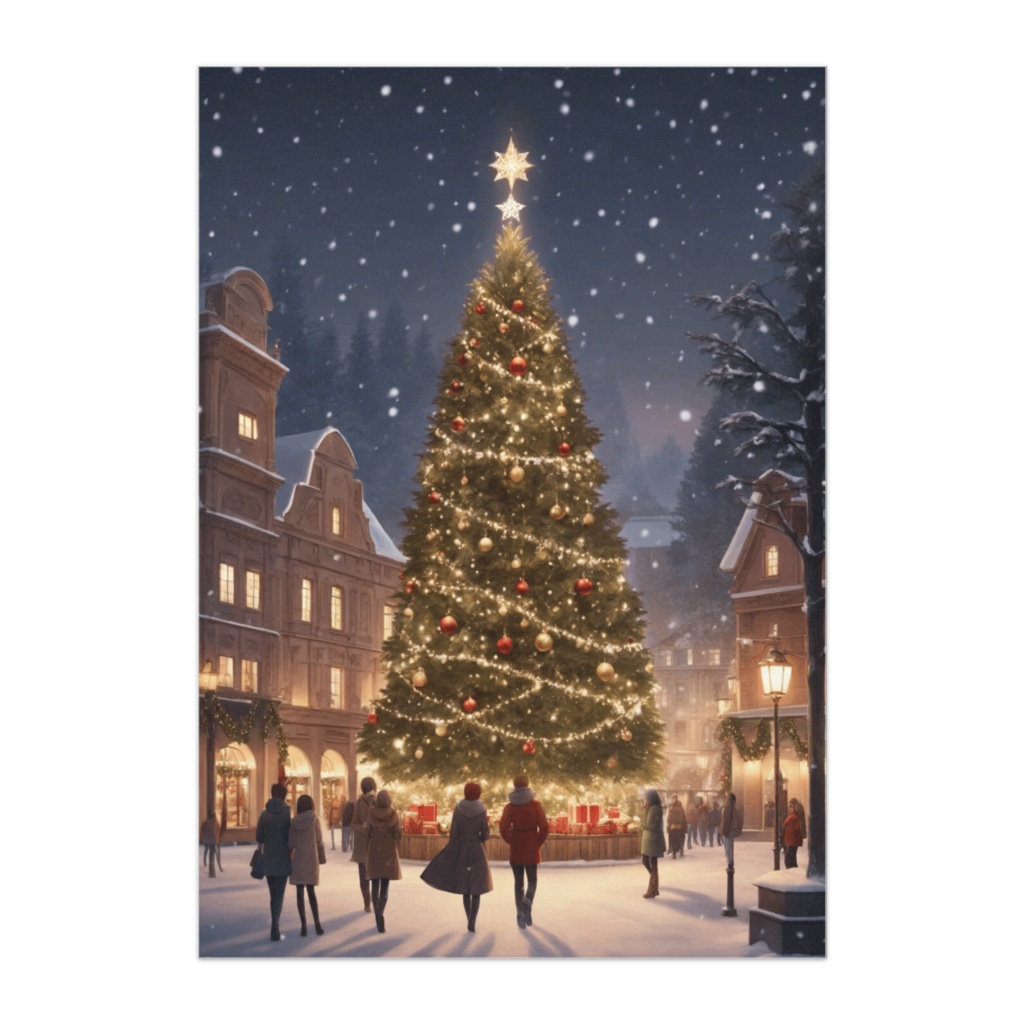 星降る夜のクリスマスツリー広場(イラスト風ポスター)