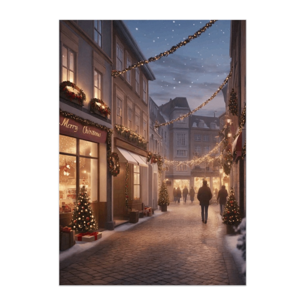 灯りあふれるクリスマスの路地（イラスト風ポスター）