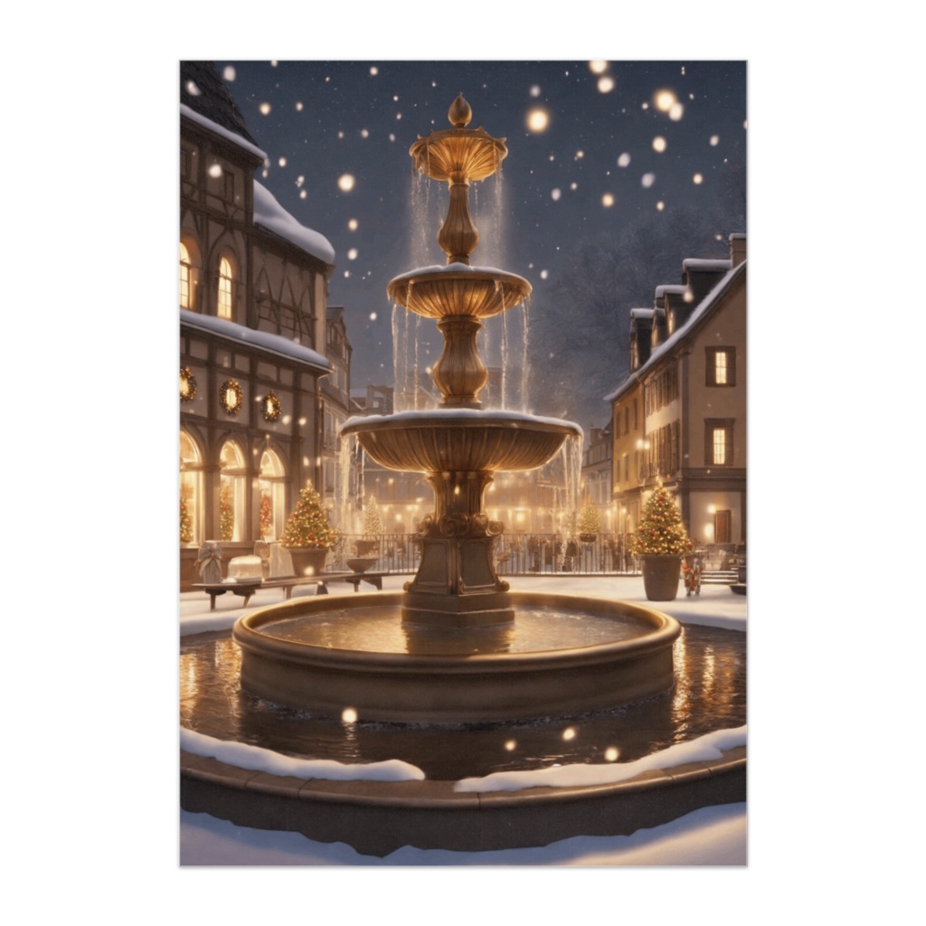 冬の噴水広場とクリスマスイルミネーション(イラスト風ポスター)